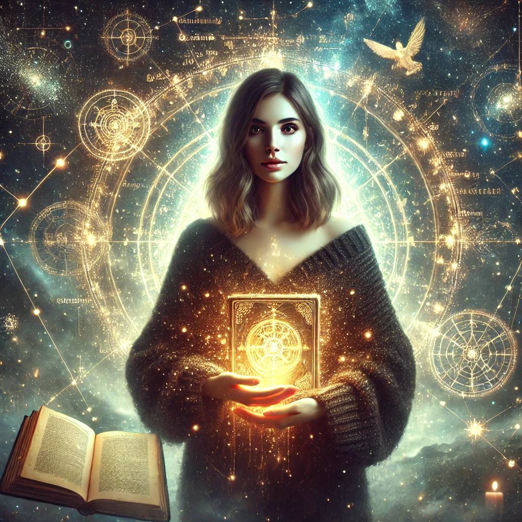 Eine junge Frau hält ein leuchtendes, altes Buch vor einer kosmischen Kulisse voller goldener Sternenkarten. Ihr Blick ist tief und wissend, als würde sie das Geheimnis des Universums entschlüsseln. Ein Sinnbild für die Verbindung von Wissen, Intuition und Zeitlosigkeit.