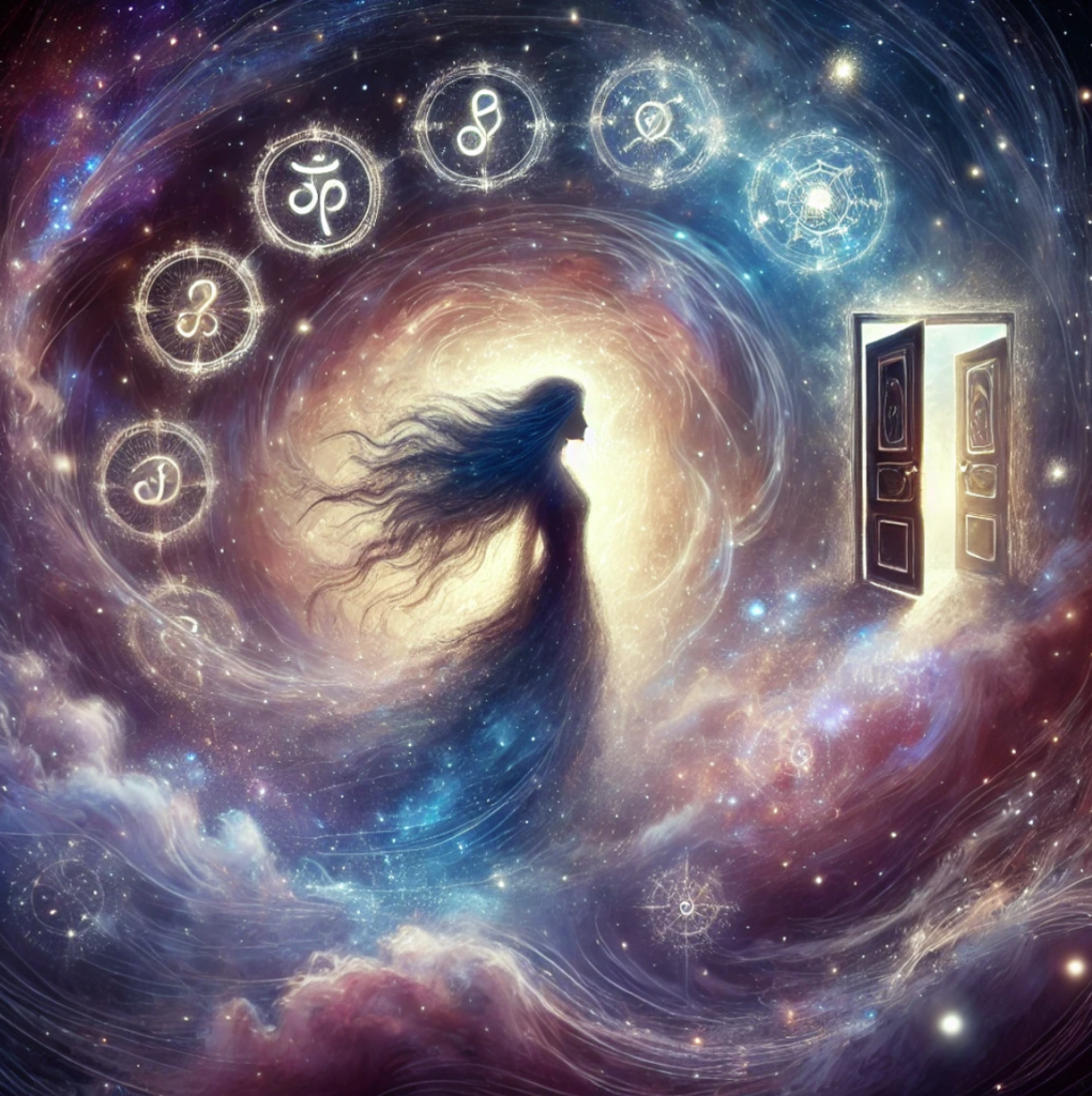 Eine siluettenhafte Frau steht vor einer offenen Tür im Universum, umgeben von schimmernden Sternen und mystischen Symbolen. Ihre langen Haare fließen wie Nebel, während das Licht der Tür sie einlädt, in eine neue Welt zu treten. Eine Darstellung des Übergangs, der Selbsterkenntnis und der Magie des Unbekannten.