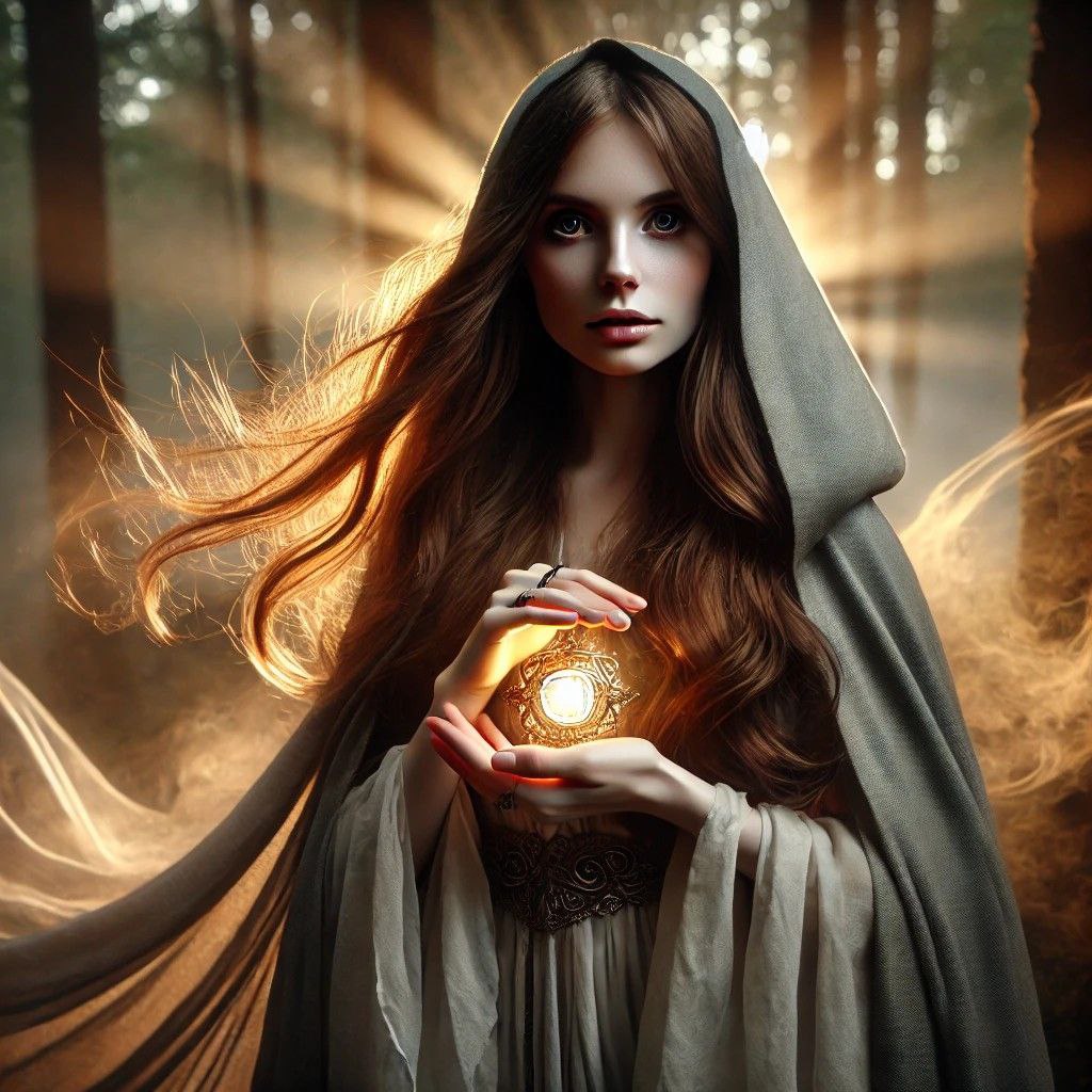 Eine geheimnisvolle Frau in einem Kapuzenumhang hält eine leuchtende Lichtquelle in ihren Händen. Ihre intensiven Augen und das Sonnenlicht, das durch den Wald bricht, verleihen ihr eine fast magische Aura. Ein Bild der inneren Weisheit und verborgenen Kräfte.