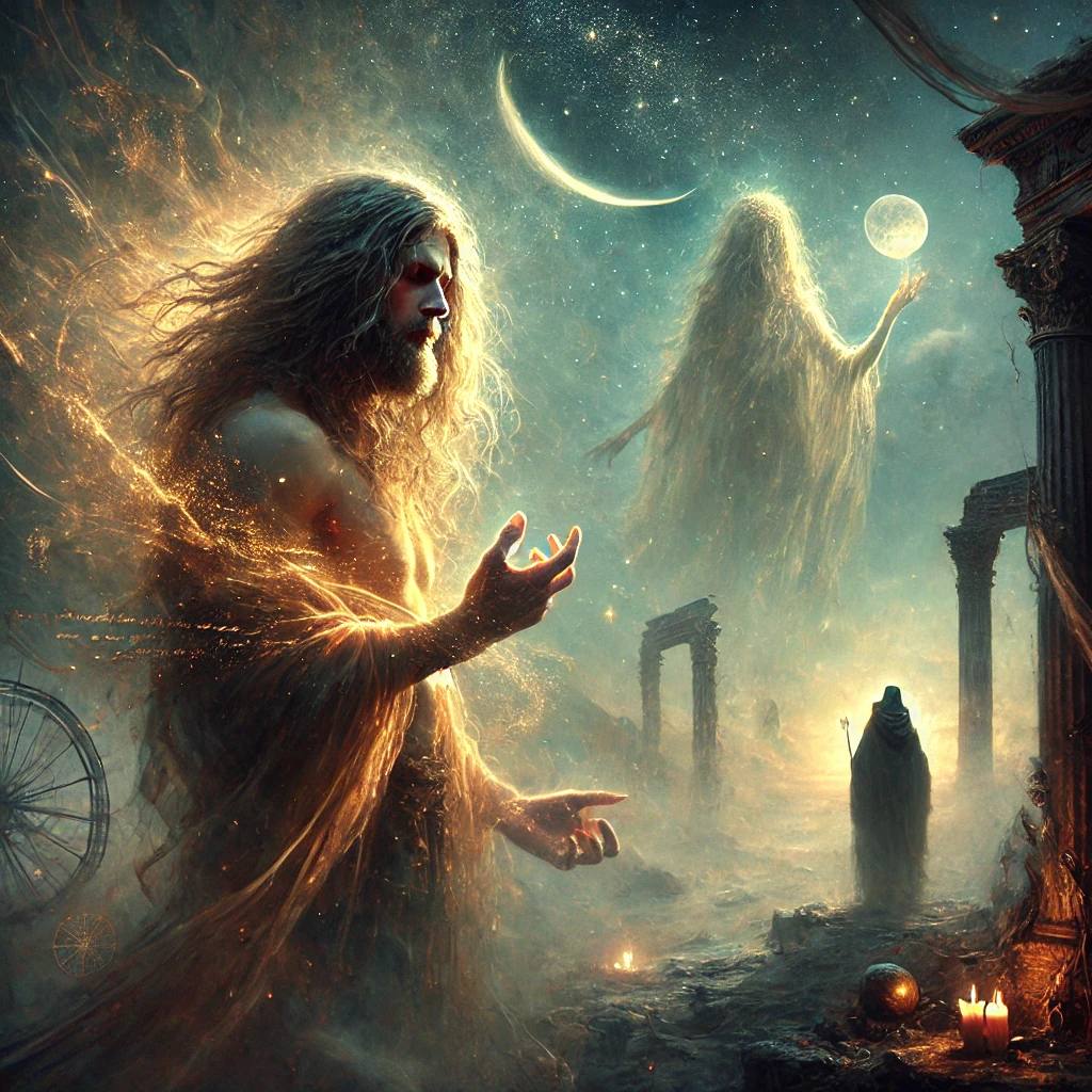 Ein mystischer Wanderer, umgeben von goldenen Energien, steht in einer uralten Ruinenlandschaft. Im Hintergrund erhebt sich eine geisterhafte Figur, während ein Halbmond den Himmel ziert. Ein Symbol für verlorenes Wissen, vergangene Zeiten und verborgene Wahrheiten.