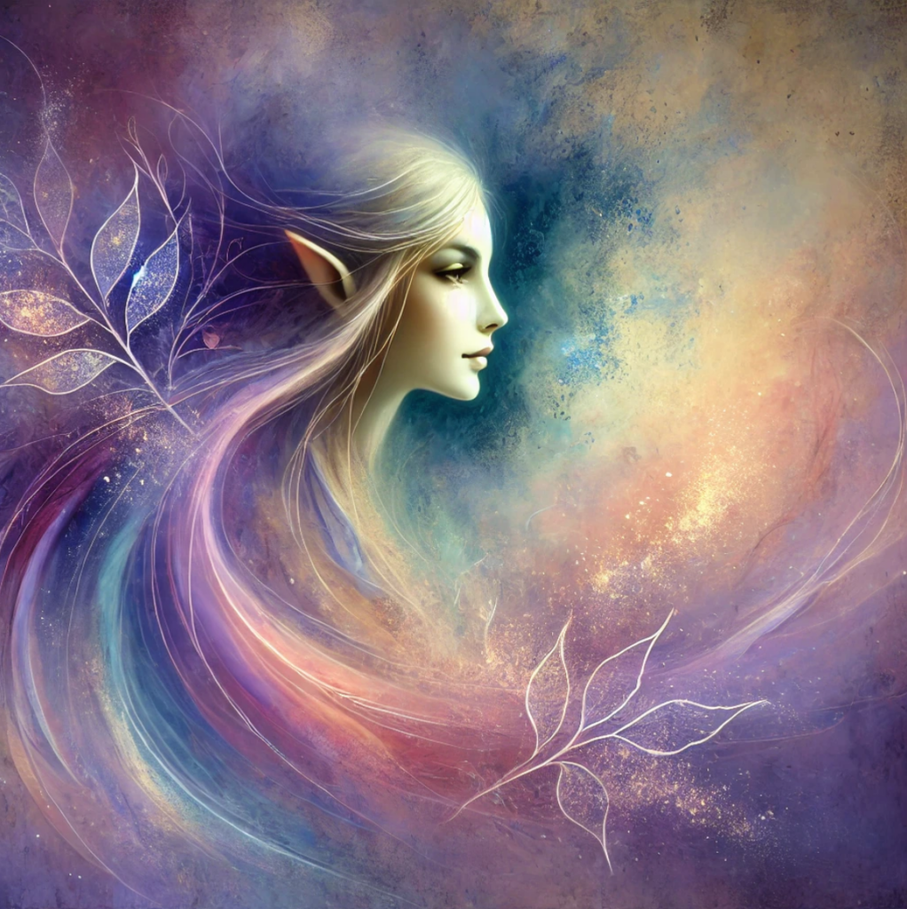 Ein elegantes, elfengleiches Wesen mit fließenden Haaren, umgeben von sanften Pastellfarben, Goldstaub und feinen Linien. Eine Darstellung innerer Sanftmut und Kraft.