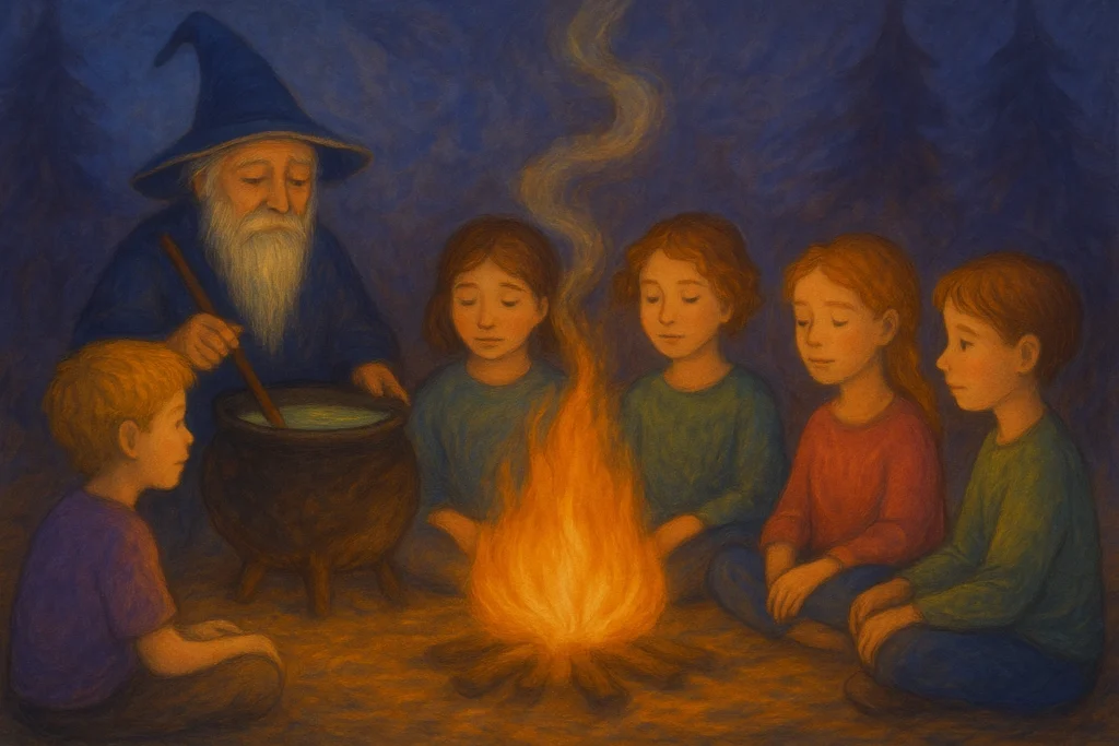 Ein märchenhaftes Bild, das die Essenz von ADHS einfängt: Vier Kinder sitzen um ein Lagerfeuer, während ein Zauberer einen Trank der Motivation rührt – eine bildhafte Darstellung für Dopamin, Vielfalt im Denken und die Frage: Was bringt dein Feuer zum Brennen?